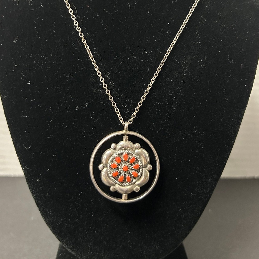 Vintage American Southwest Spinning Pendant Necklace‎ Sterling Turquoise Coral